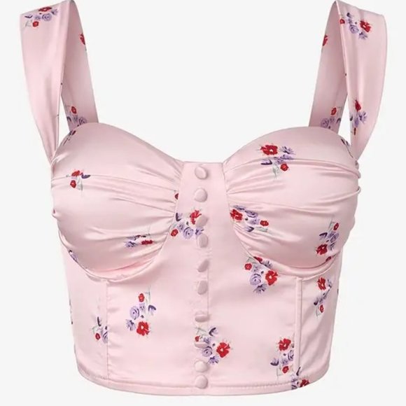 Tops - Y2K Coquette Pink Floral Print Crop Backless Corset Cami Top - Medium - NEW